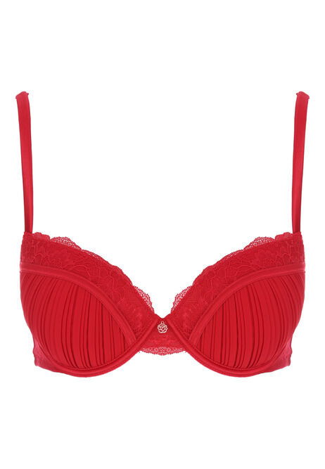 Womens Red Pleated Lace Bra