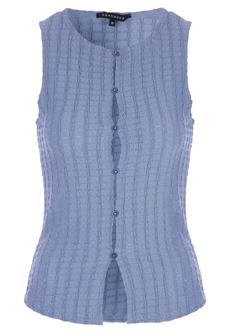 Womens Mid Blue Textured Button Front Top