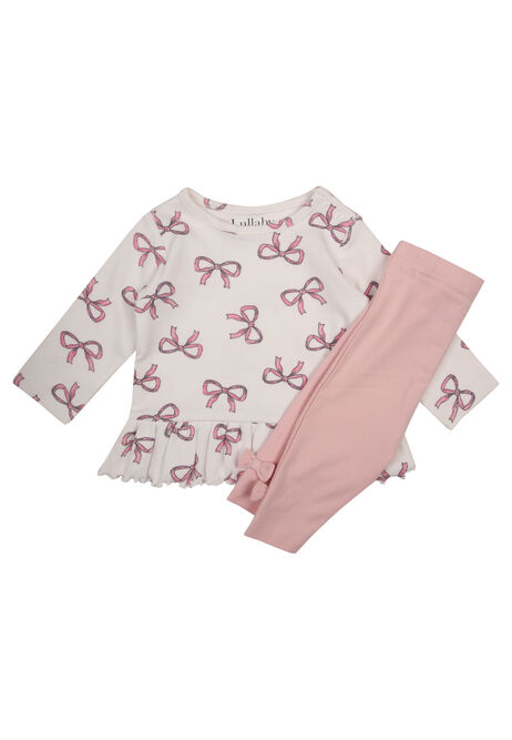 Baby Girls Cream Bow Print Top & Pink Bow Leggings Set
