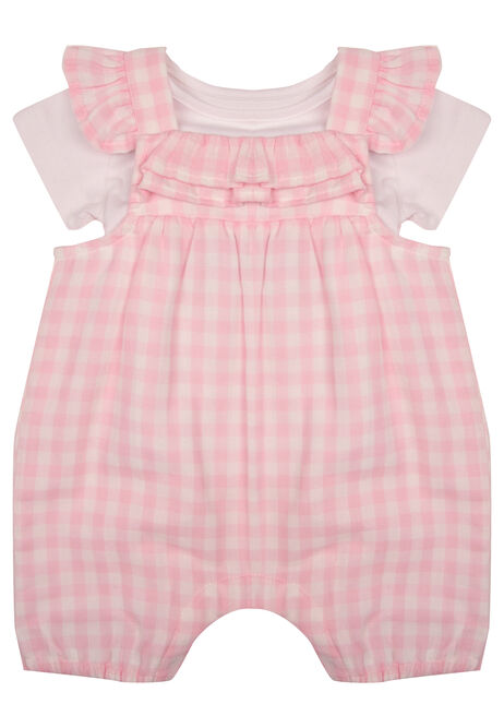 Baby Girls Pink Gingham Ruffle Romper & T-Shirt Set