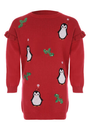 Younger Girls Red Christmas Penguin Jumper Dress