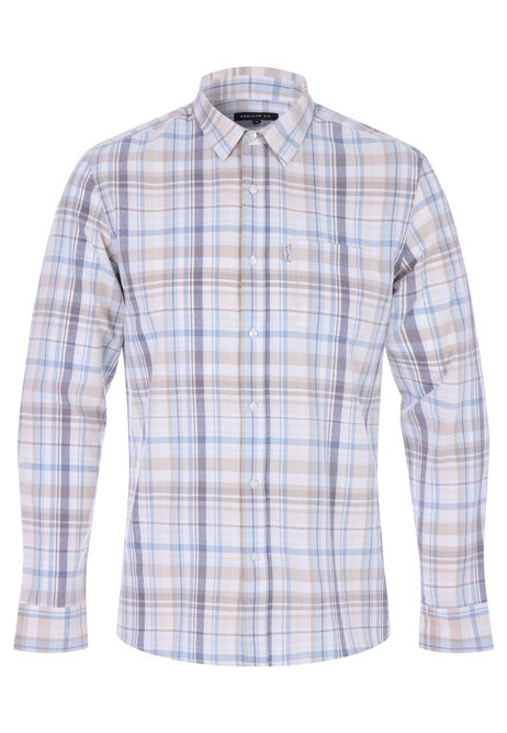 Mens Ecru & Light Blue Check Oxford Long Sleeve Shirt