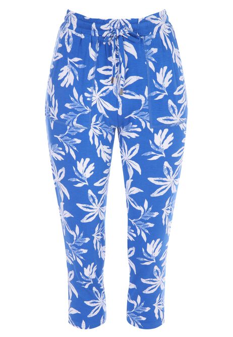 Womens Blue Floral Print Relaxed Cropped Trousers