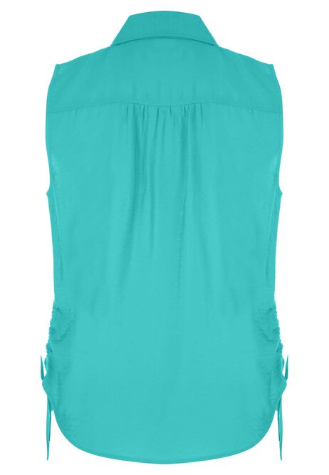 Womens Green Crinkle Ruched Side Sleeveless Shirt