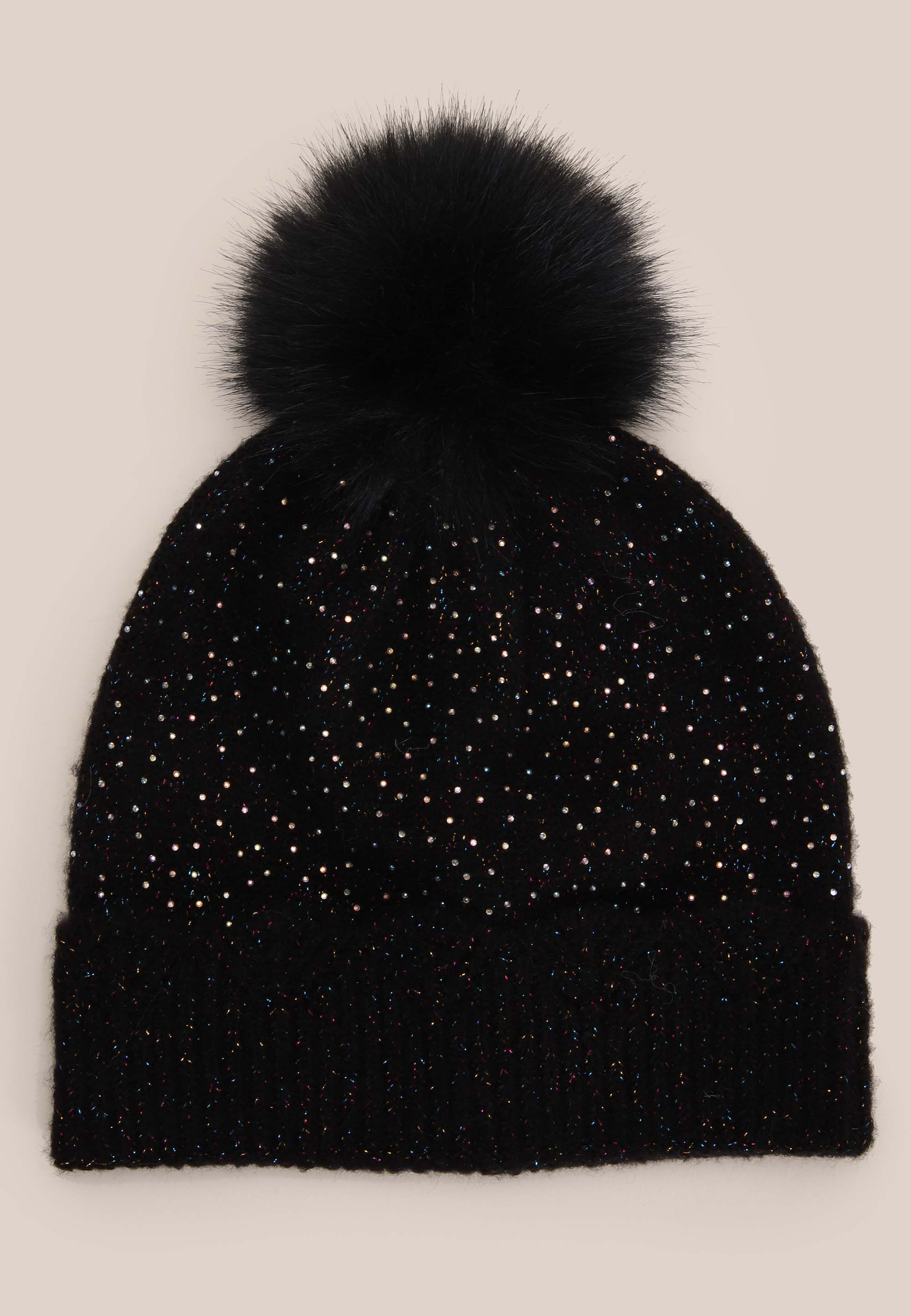 Older Girls Black Lurex Bobble Beanie Hat Peacocks