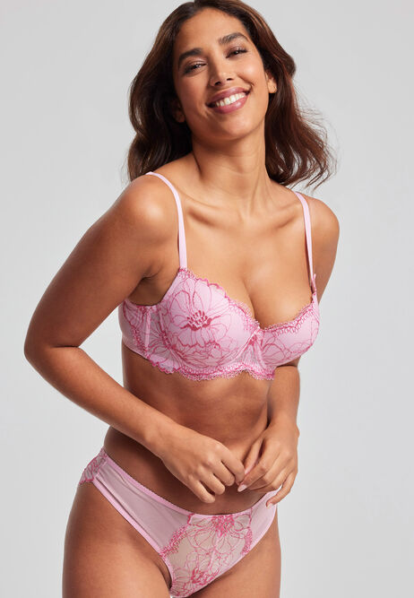 Womens Pink Embroidered Floral Lace Bra