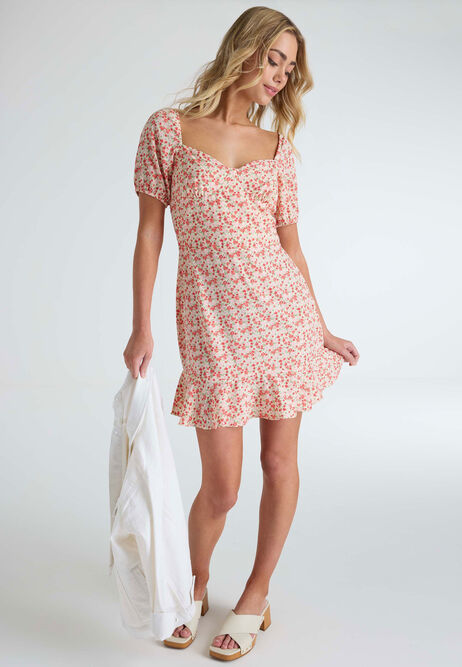 Womens Pink & White Floral Sweetheart Dress