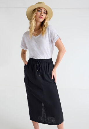 Womens Black Linen Blend Cargo Skirt