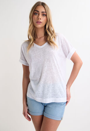 Womens White Textured V-Neck Top