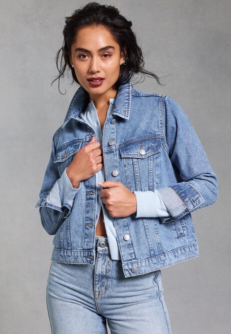 Womens Mid Blue Wash Plain Denim Jacket
