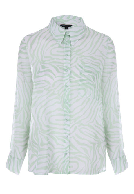 Womens Light Green Zebra Print Crinkle Long Sleeve Shirt
