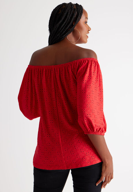 Womens Red Broidery Bardot Top 