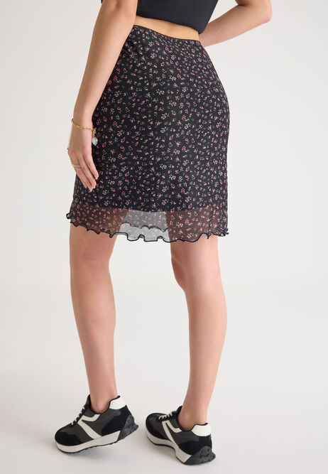 Womens Pink Floral Lettuce Hem Mesh Skirt