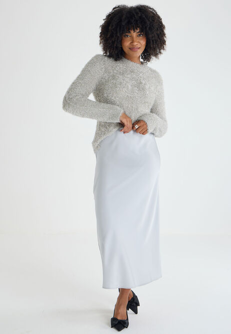 Womens Silver Plain Satin Midi Skirt