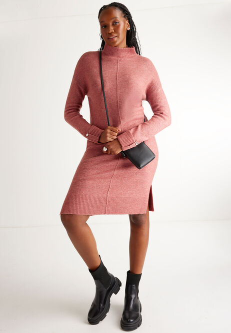 Womens Pink Marl Jumper Dress with Button Cuff
