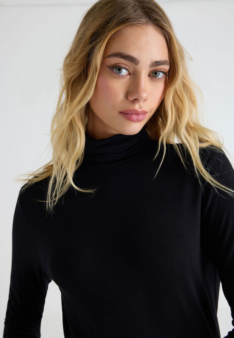 Womens Black Roll Neck Long Sleeved Top