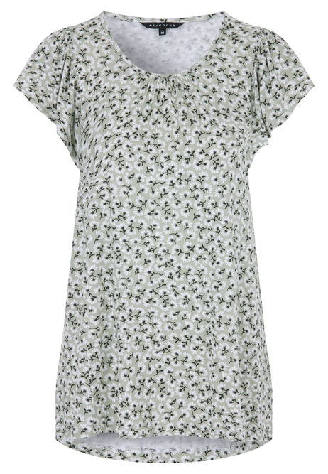 Womens Sage Floral Ditsy Short Sleeved Swing Top