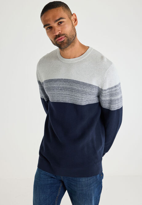 Mens Navy Colour Block Long Sleeves Jumper