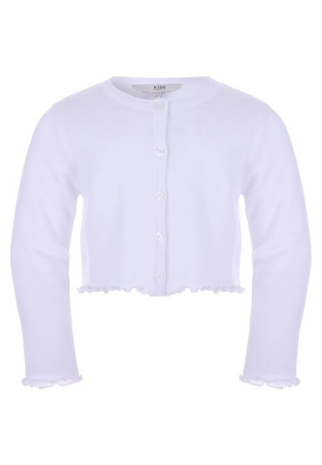 Younger Girls White Button Through Cardigan with Frill Edge
