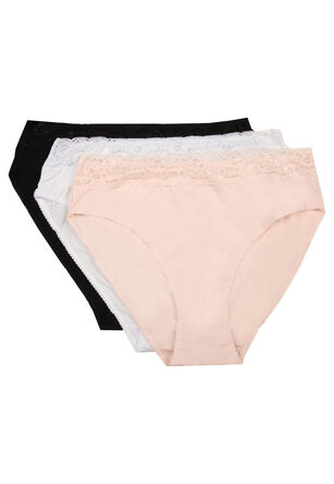 Womens 3pk Black, White & Nude Plain Lace Trim High Cut Briefs