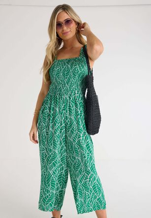 Womens Green Palm Print Shirred Jumpsuit