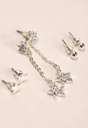Womens 3pk Silver Star Earrings Set