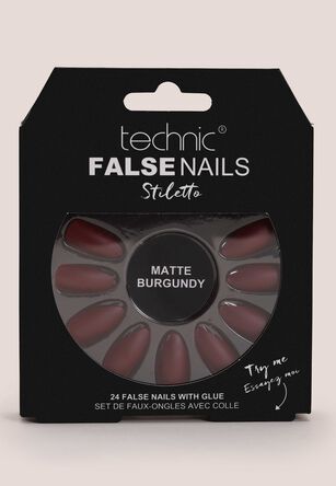 Womens Technic Burgundy Stiletto Matte False Nails