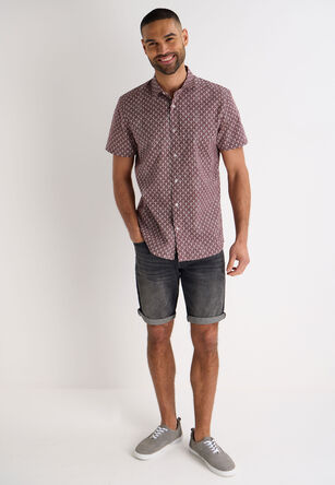Mens Burgundy Fan Print Short Sleeve Shirt