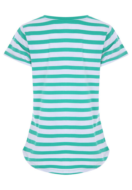 Womens Green Horizontal Stripe Roll Sleeve T-shirt
