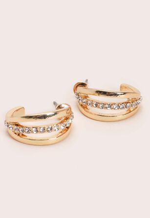 Womens Gold Triple Hoop Diamante Earrings