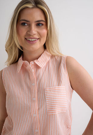 Womens Coral Stripe Crinkle Ruched Side Shirt