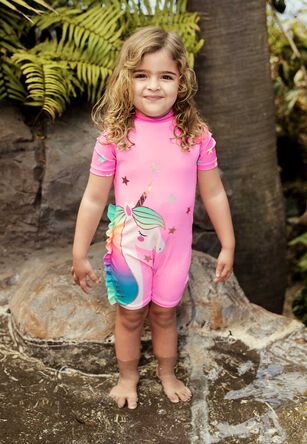 Younger Girls Pink Unicorn Print Ruffle Sun Safe Swimsuit