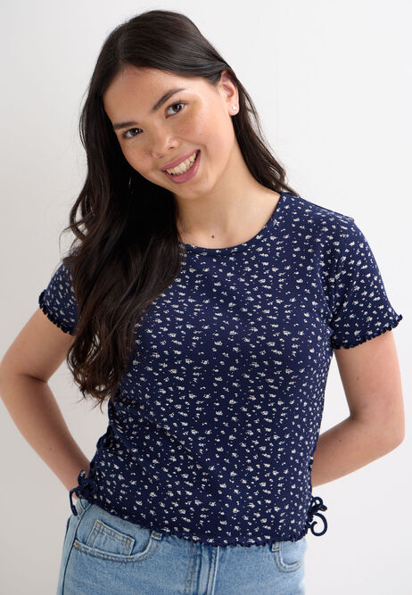 Older Girls Navy Floral Side Ruche Top