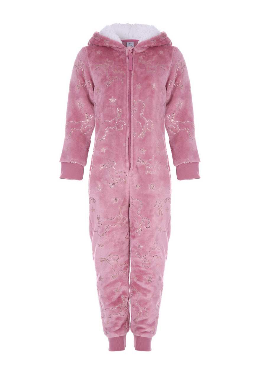Girls Pink Sparkly Unicorn Onesie Fleece Peacocks
