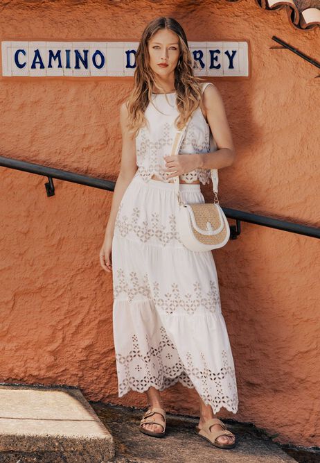 Womens White Broderie Anglaise Midi Skirt
