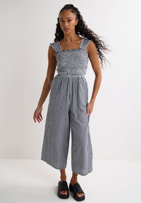 Womens Black & White Gingham Check Shirred Jumpsuit