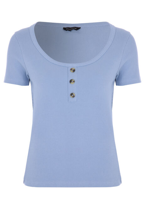 Womens Blue Buttoned Scoop Neck Top