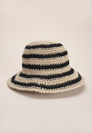Womens Black & White Stripe Straw Hat