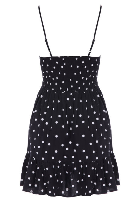 Womens Black Polka Dot Shirred Bodice Dress