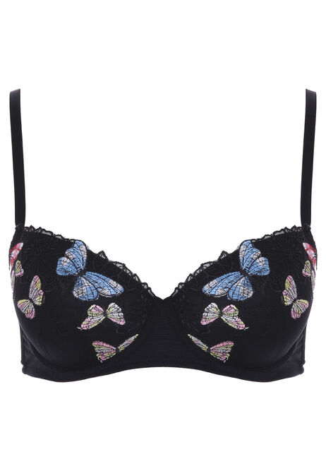 Womens Black Butterfly Embroidered Bra