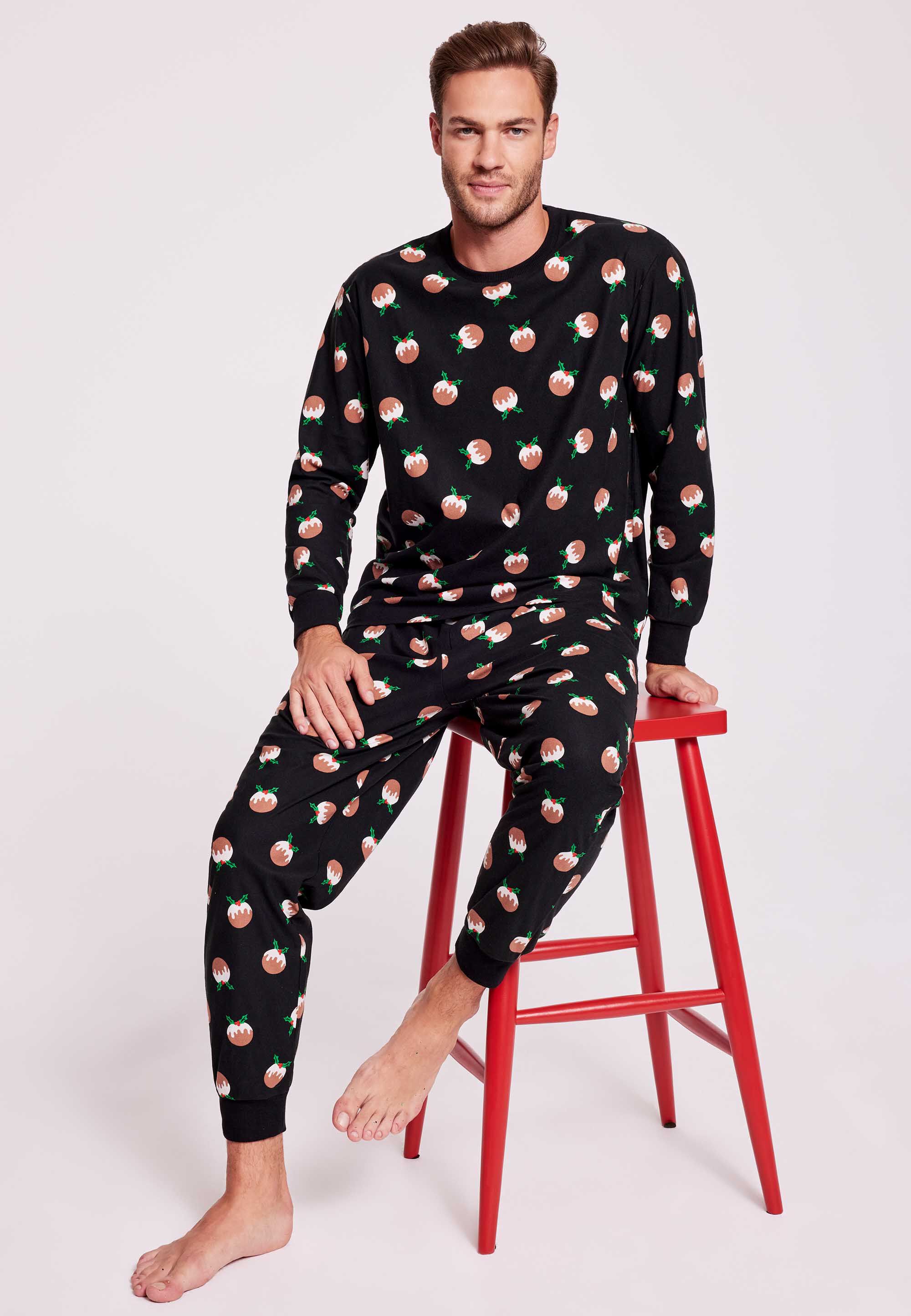 Mens Black Christmas Pudding Family Pyjama Set
