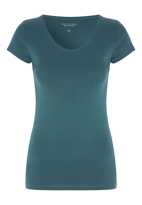 Womens Teal Pure Cotton V Neck T-shirt