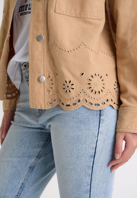 Womens Tan Twill Floral Laser Cut Jacket