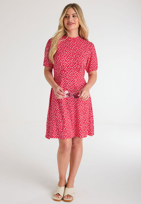 Womens Red Ditsy Turtle Neck Dress