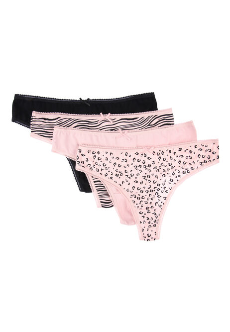 Womens 4pk Pink Animal Print Thongs