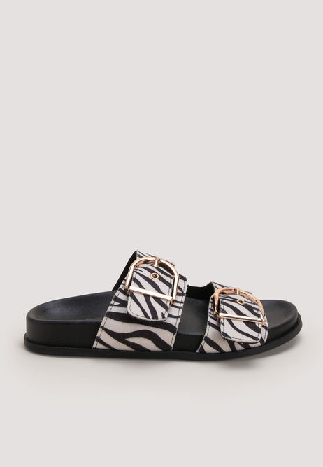 Womens White Zebra Print Oversized Buckle Footbed Sandals