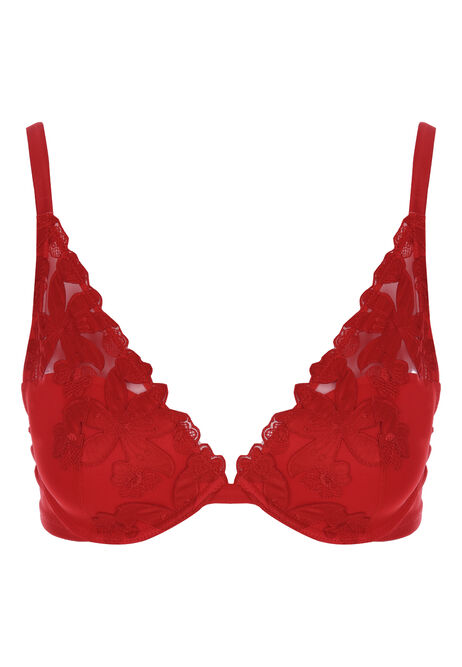 Womens Red Embroidered Demi Bra 