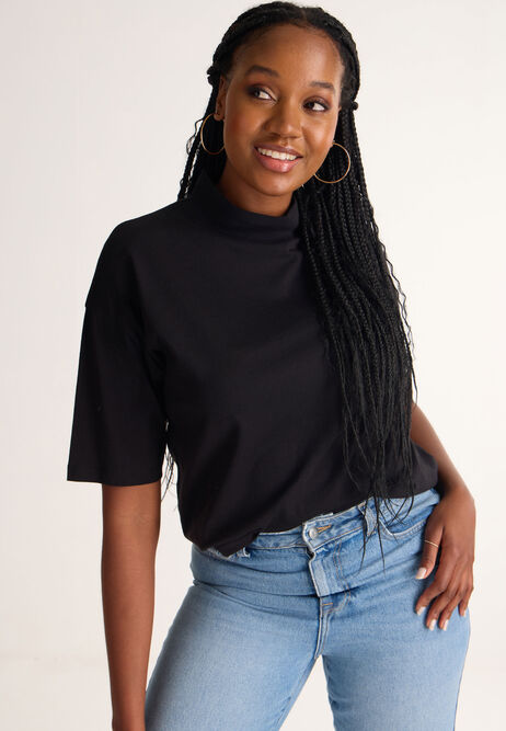 Womens Black High Neck Relaxed Top