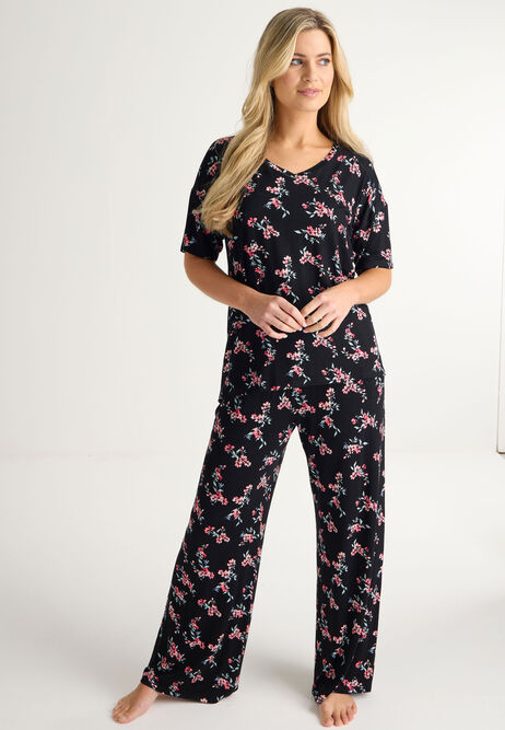 Womens Black Floral Pyjama Top