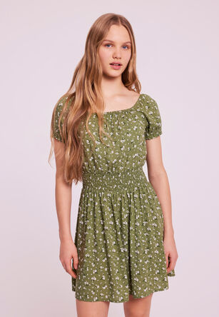 Older Girls Khaki Floral Shirred Waist Dress